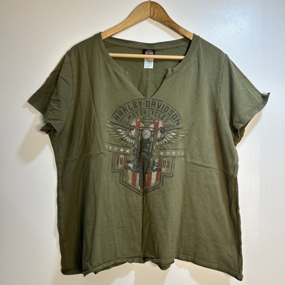 Y2K Women's 3X Harley Davidson retro t-shirt V neck eagle Wings Terre Haute IN